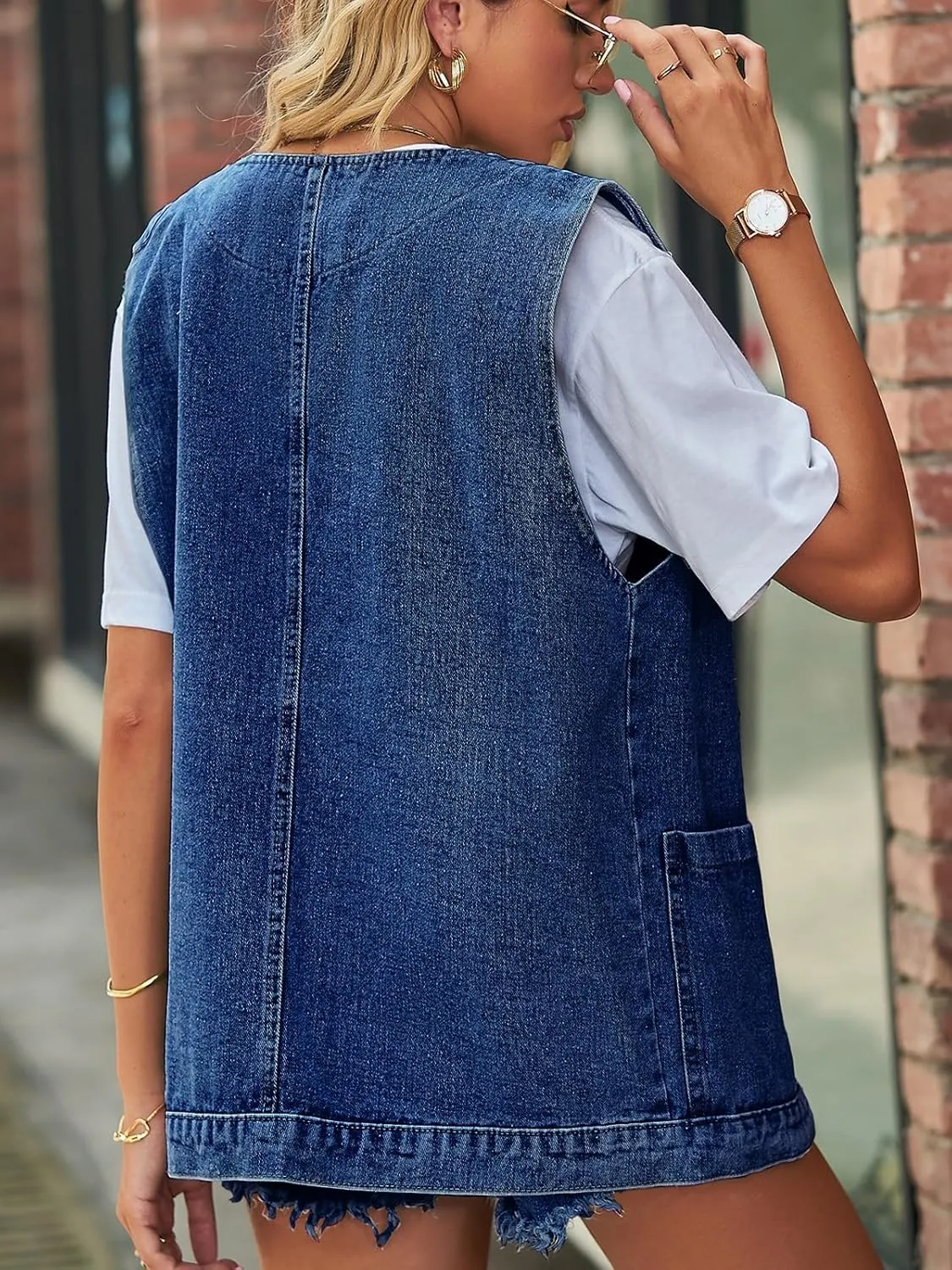 Wowcarbazole Women's Denim Vest Oversized V Neck Button Down Jean Vest Top Sleeveless Jean Waistcoat Jacket with Pockets