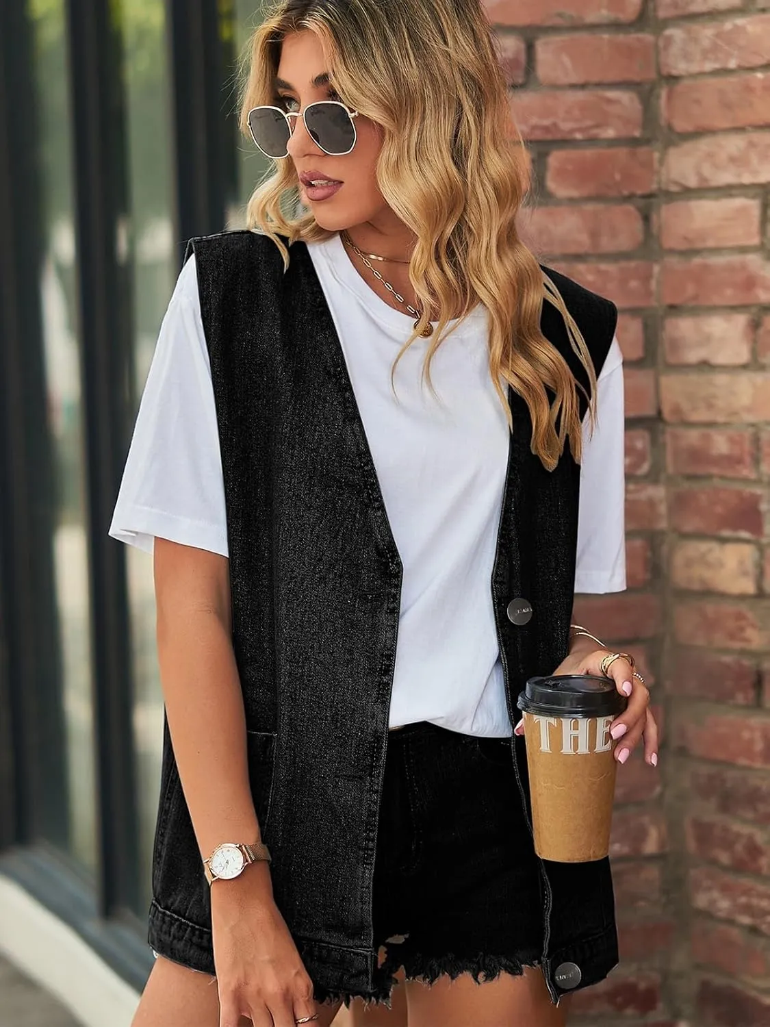 Wowcarbazole Women's Denim Vest Oversized V Neck Button Down Jean Vest Top Sleeveless Jean Waistcoat Jacket with Pockets