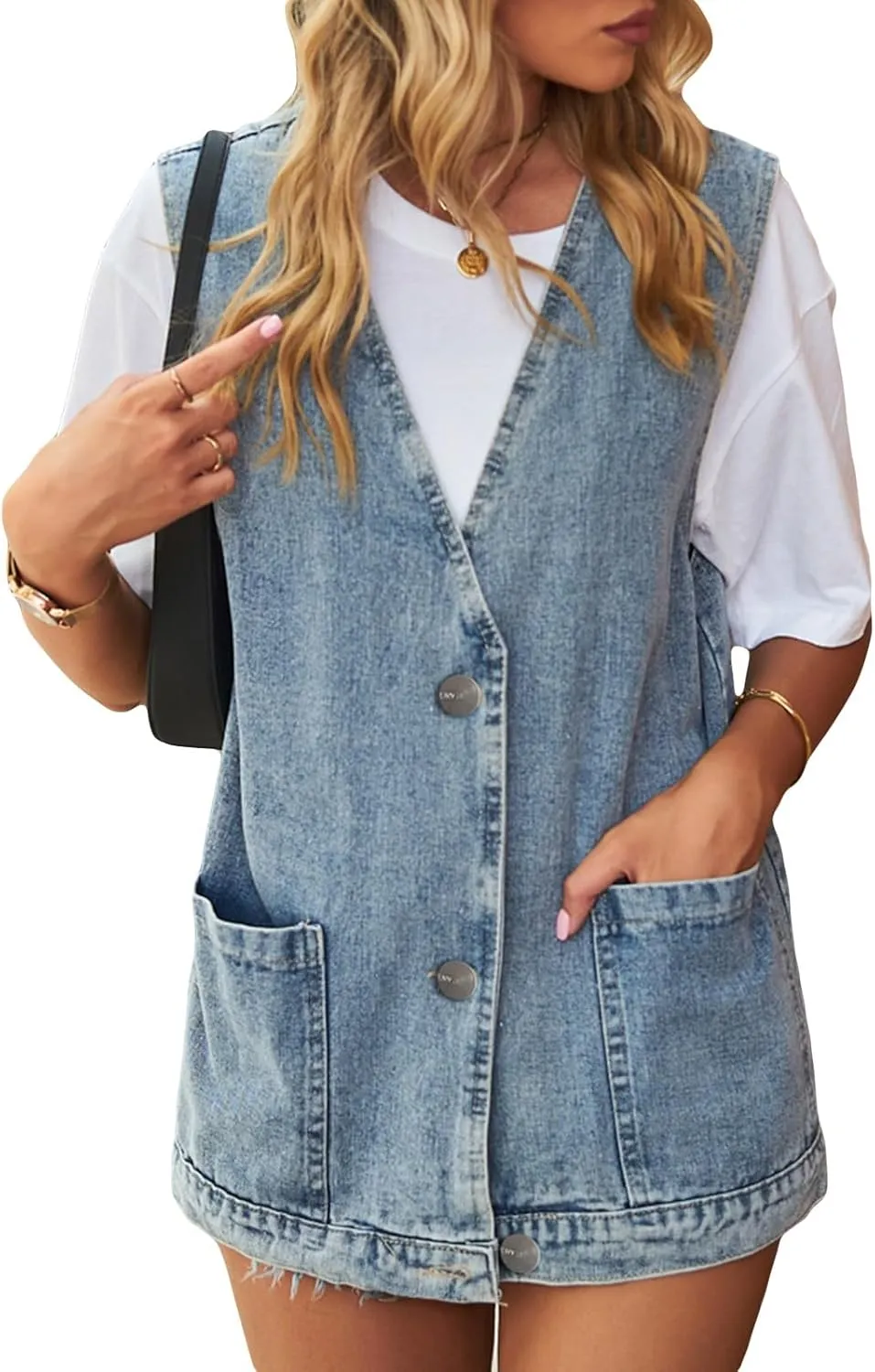 Wowcarbazole Women's Denim Vest Oversized V Neck Button Down Jean Vest Top Sleeveless Jean Waistcoat Jacket with Pockets
