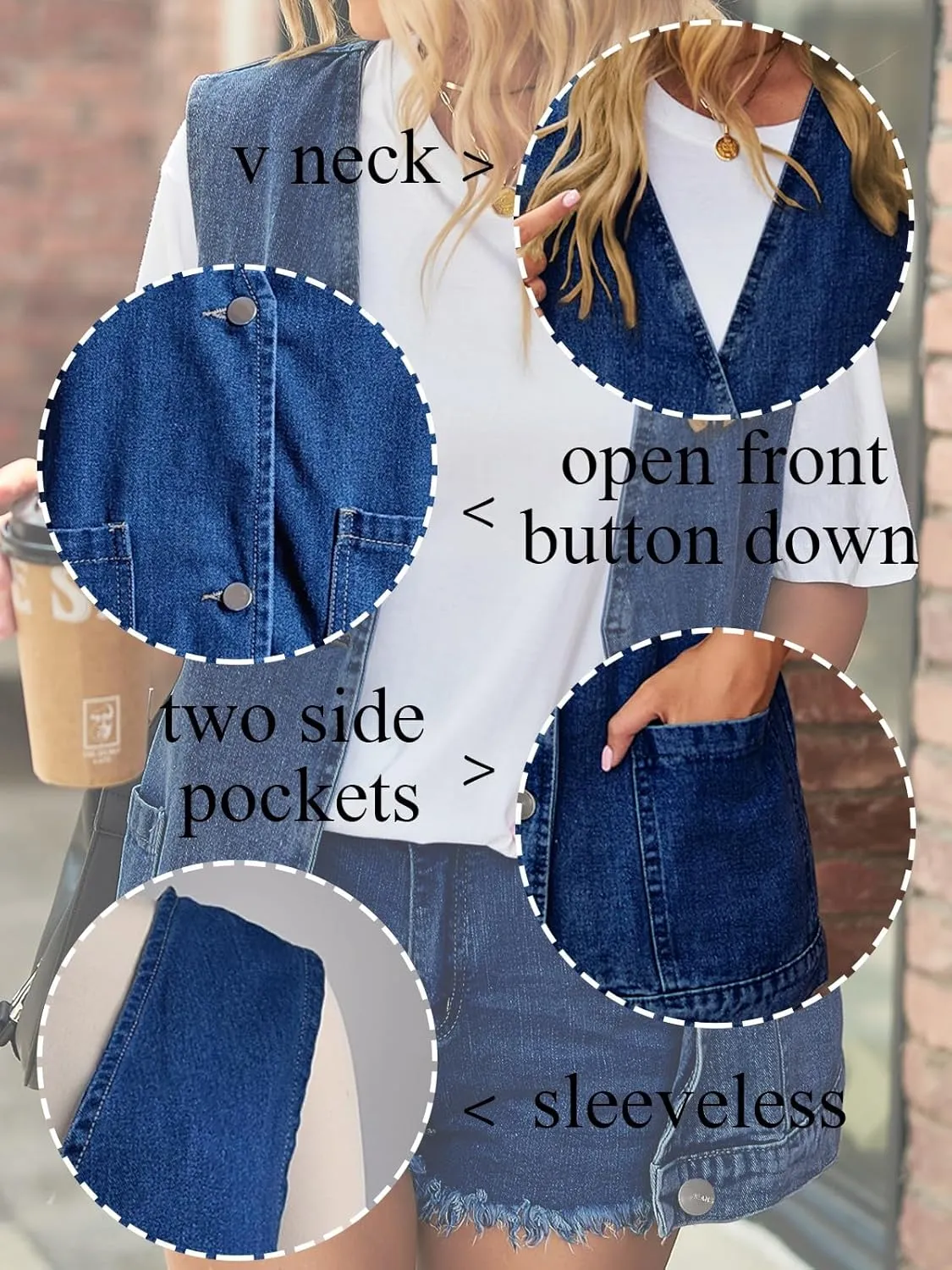 Wowcarbazole Women's Denim Vest Oversized V Neck Button Down Jean Vest Top Sleeveless Jean Waistcoat Jacket with Pockets