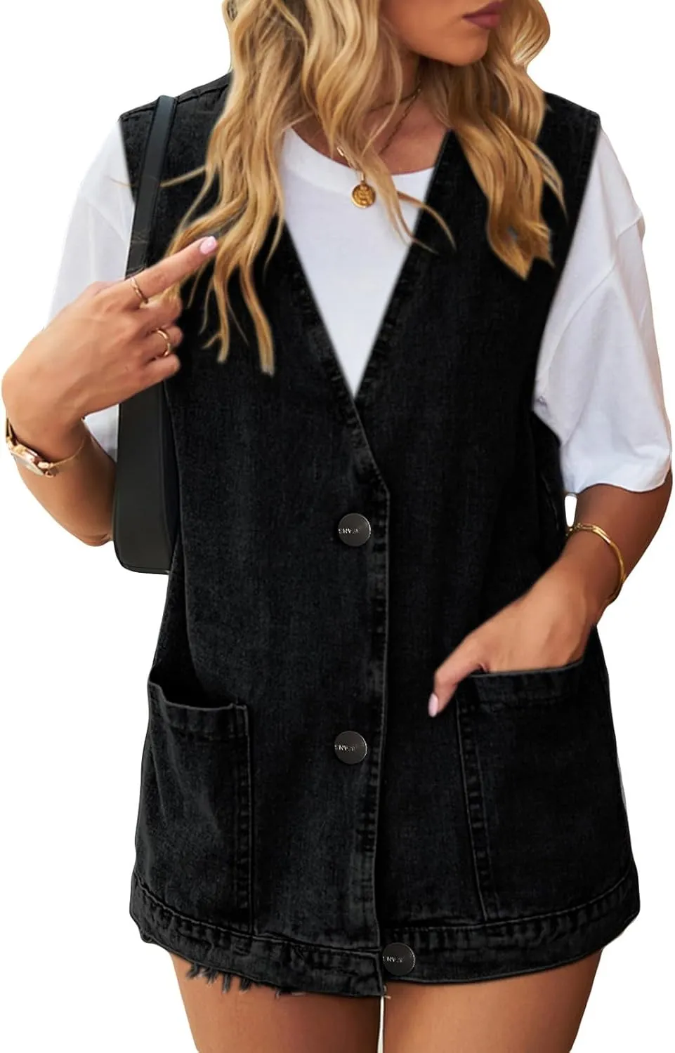 Wowcarbazole Women's Denim Vest Oversized V Neck Button Down Jean Vest Top Sleeveless Jean Waistcoat Jacket with Pockets