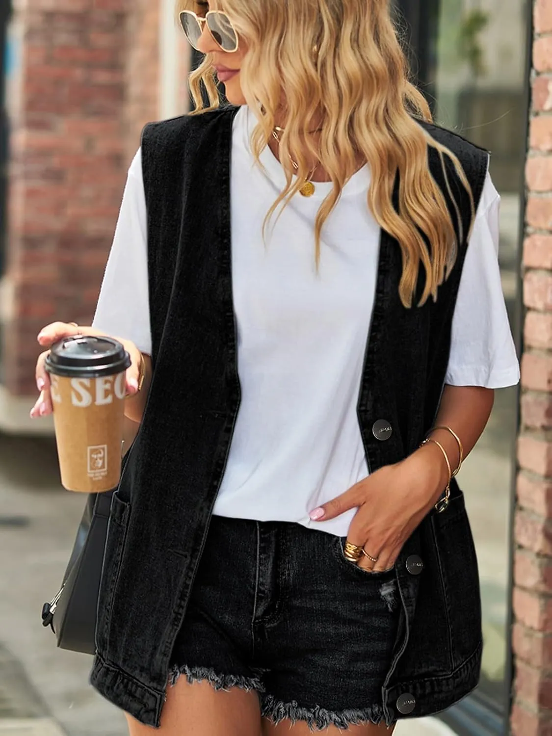 Wowcarbazole Women's Denim Vest Oversized V Neck Button Down Jean Vest Top Sleeveless Jean Waistcoat Jacket with Pockets