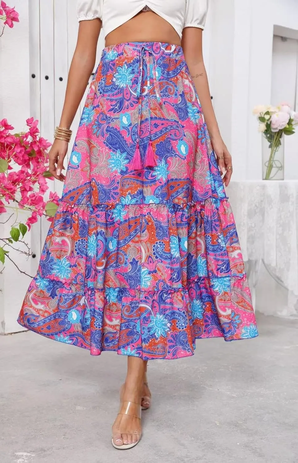 Wuitrie Women's Bohemian Long Skirts for Women Flowy High Waist A Line Maxi Skirts 2025 Summer Pleated Midi Skirt