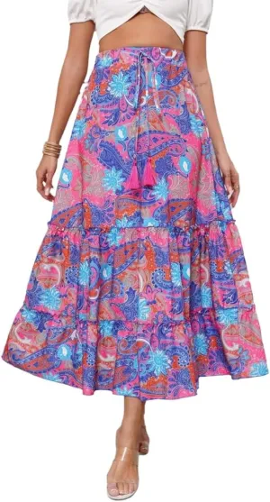 Wuitrie Women's Bohemian Long Skirts for Women Flowy High Waist A Line Maxi Skirts 2025 Summer Pleated Midi Skirt