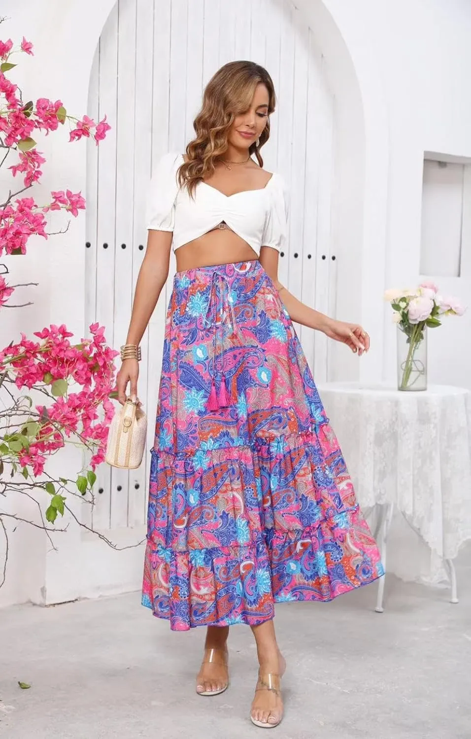 Wuitrie Women's Bohemian Long Skirts for Women Flowy High Waist A Line Maxi Skirts 2025 Summer Pleated Midi Skirt