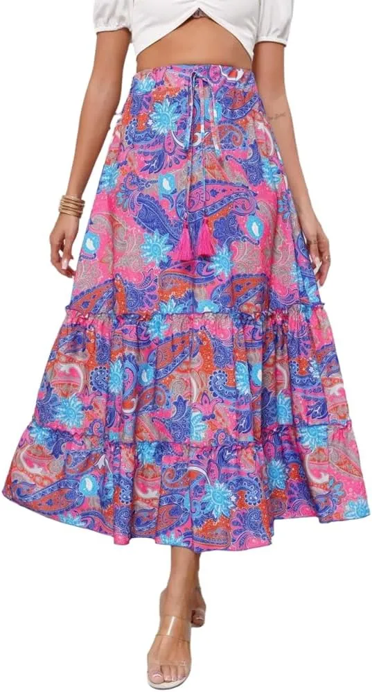 Wuitrie Women's Bohemian Long Skirts for Women Flowy High Waist A Line Maxi Skirts 2025 Summer Pleated Midi Skirt