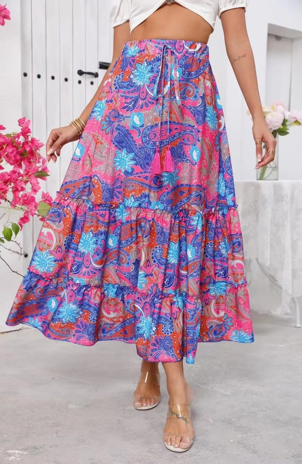Wuitrie Women's Bohemian Long Skirts for Women Flowy High Waist A Line Maxi Skirts 2025 Summer Pleated Midi Skirt