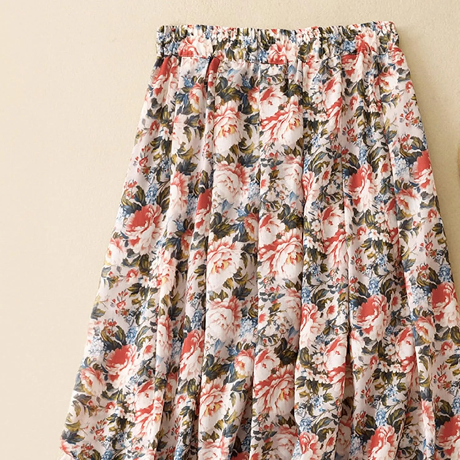 Xiaojmake Flowy Bohemian Skirt for Women Midi Length Elastic High Waist Ruffle A-Line Beach Skirt with Pockets 2024 Trendy