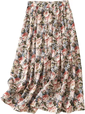 Xiaojmake Flowy Bohemian Skirt for Women Midi Length Elastic High Waist Ruffle A-Line Beach Skirt with Pockets 2024 Trendy