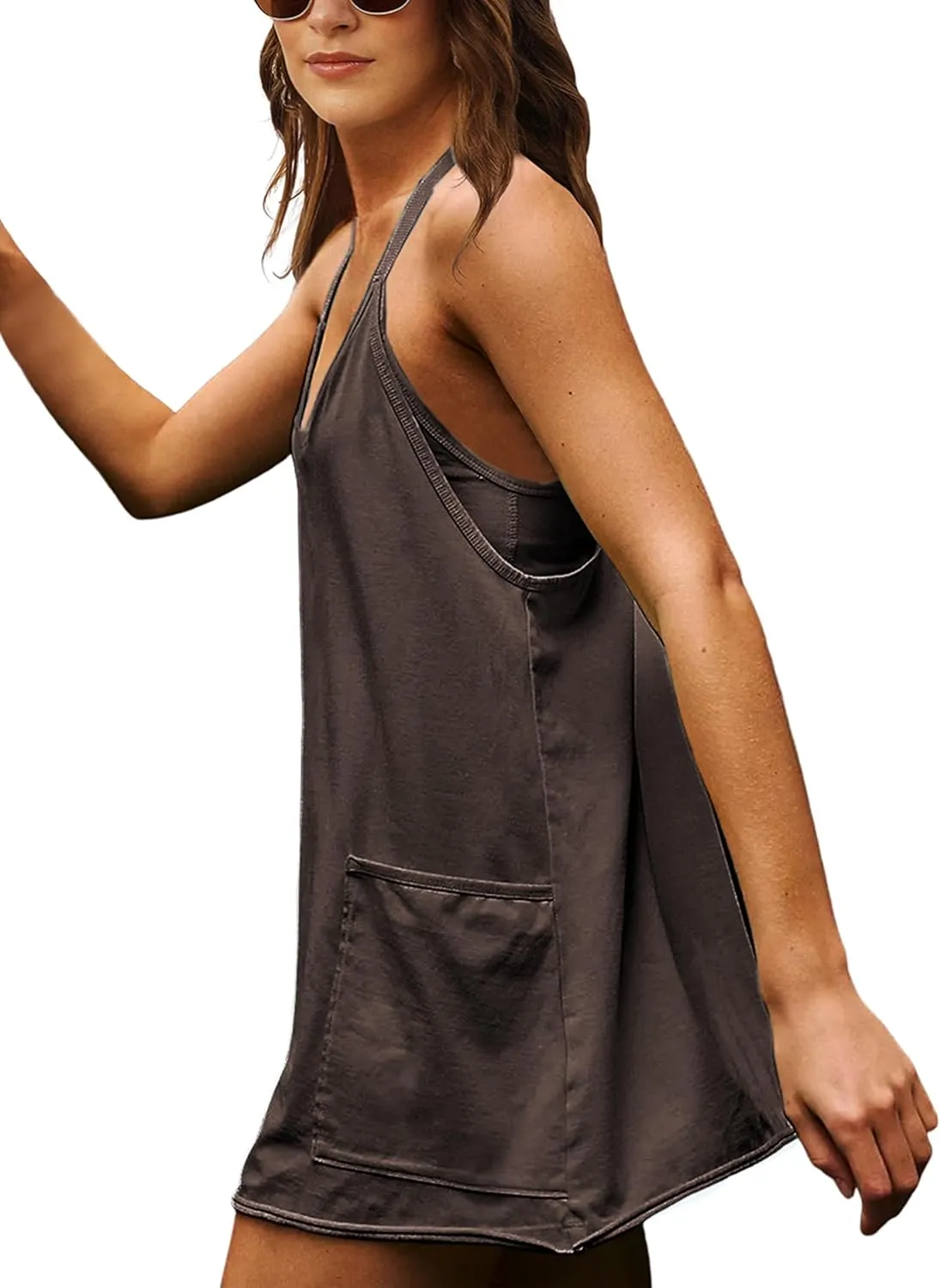 Yidarer Women's Summer Sleeveless Mini Dress V Neck Spaghetti Straps Athletic Shorts Dress with Pockets