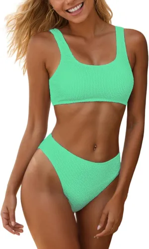 YIMISAN Womens Ribbed Bikini Set Crop Top Sporty Swimsuits with Mid Waist Cheeky Two Piece Bathing Suit