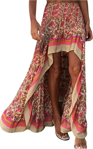 YOLAI Womens Boho Floral Print Maxi Skirt Elastic Tie Waist Pleated Skirts Ruffle Flowy Swing A-Line Long Skirts (Red-a, XL)