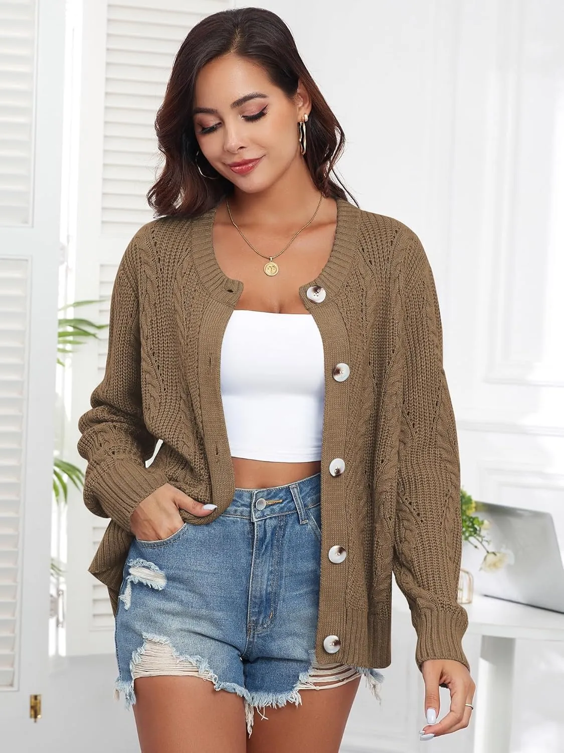 ZAFUL Womens Cable Knit Cardigan Button Down Crew Neck Sweater Loose Long Sleeve Open Front Jacket Outwear
