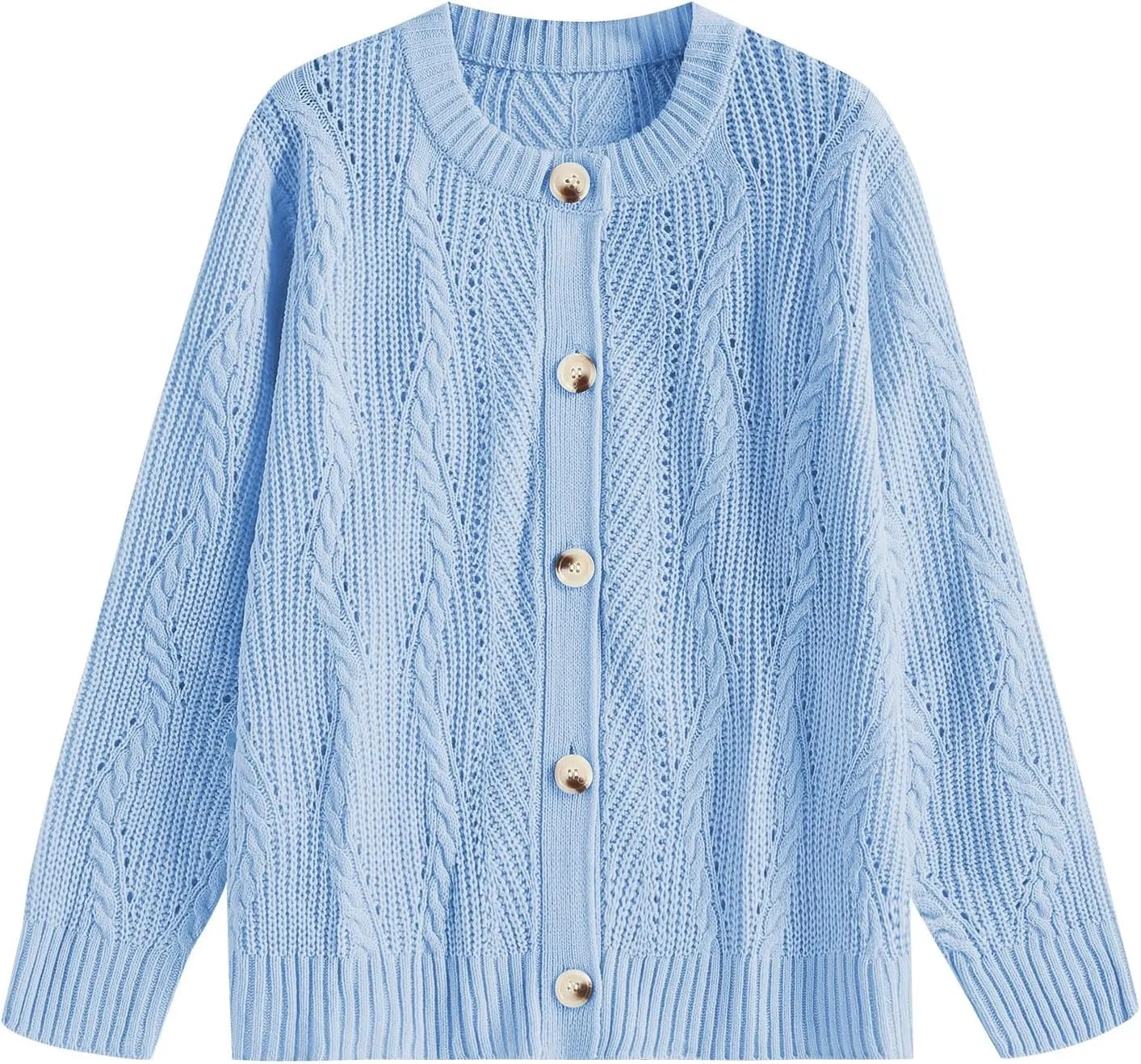 ZAFUL Womens Cable Knit Cardigan Button Down Crew Neck Sweater Loose Long Sleeve Open Front Jacket Outwear
