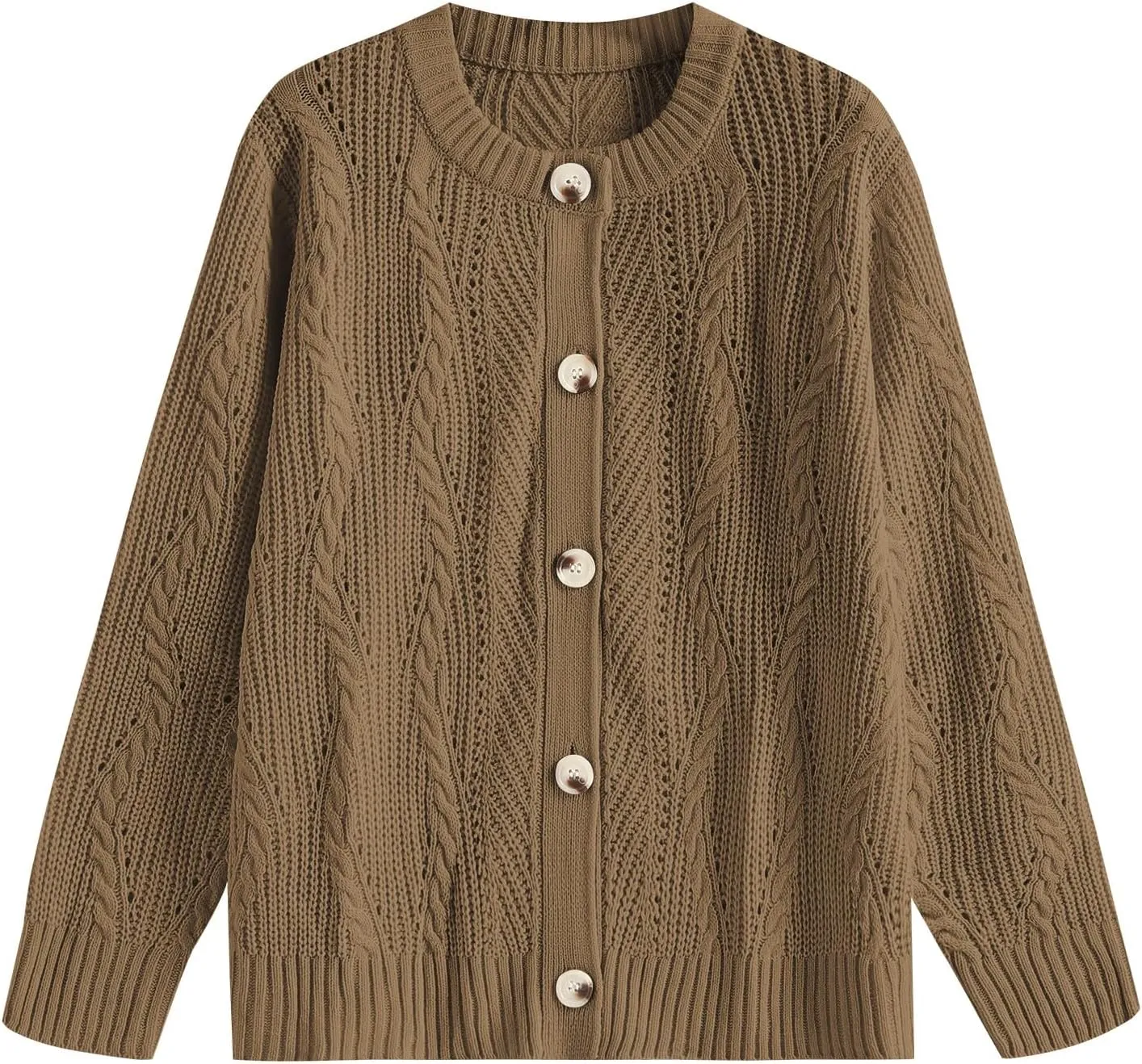 ZAFUL Womens Cable Knit Cardigan Button Down Crew Neck Sweater Loose Long Sleeve Open Front Jacket Outwear