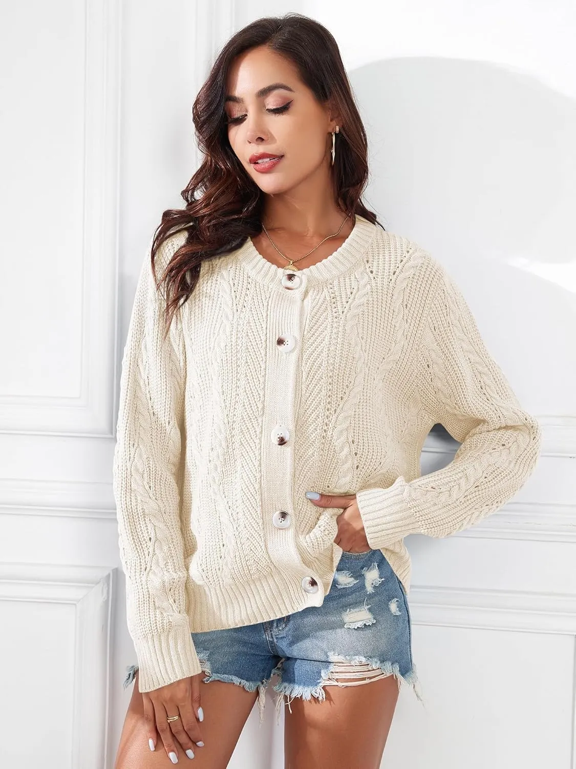 ZAFUL Womens Cable Knit Cardigan Button Down Crew Neck Sweater Loose Long Sleeve Open Front Jacket Outwear