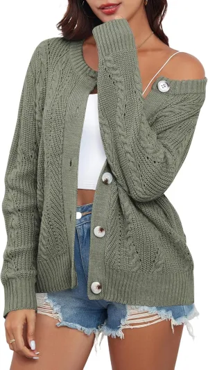 ZAFUL Womens Cable Knit Cardigan Button Down Crew Neck Sweater Loose Long Sleeve Open Front Jacket Outwear