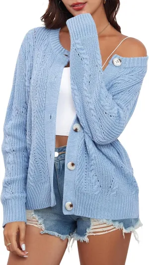 ZAFUL Womens Cable Knit Cardigan Button Down Crew Neck Sweater Loose Long Sleeve Open Front Jacket Outwear