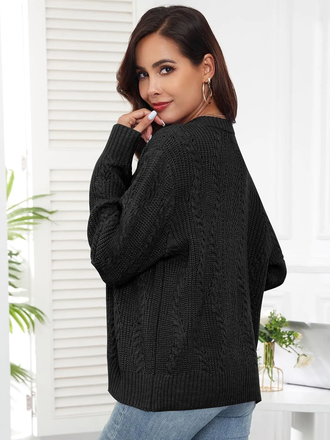 ZAFUL Womens Cable Knit Cardigan Button Down Crew Neck Sweater Loose Long Sleeve Open Front Jacket Outwear