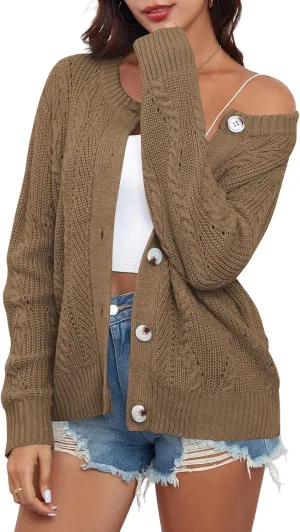 ZAFUL Womens Cable Knit Cardigan Button Down Crew Neck Sweater Loose Long Sleeve Open Front Jacket Outwear