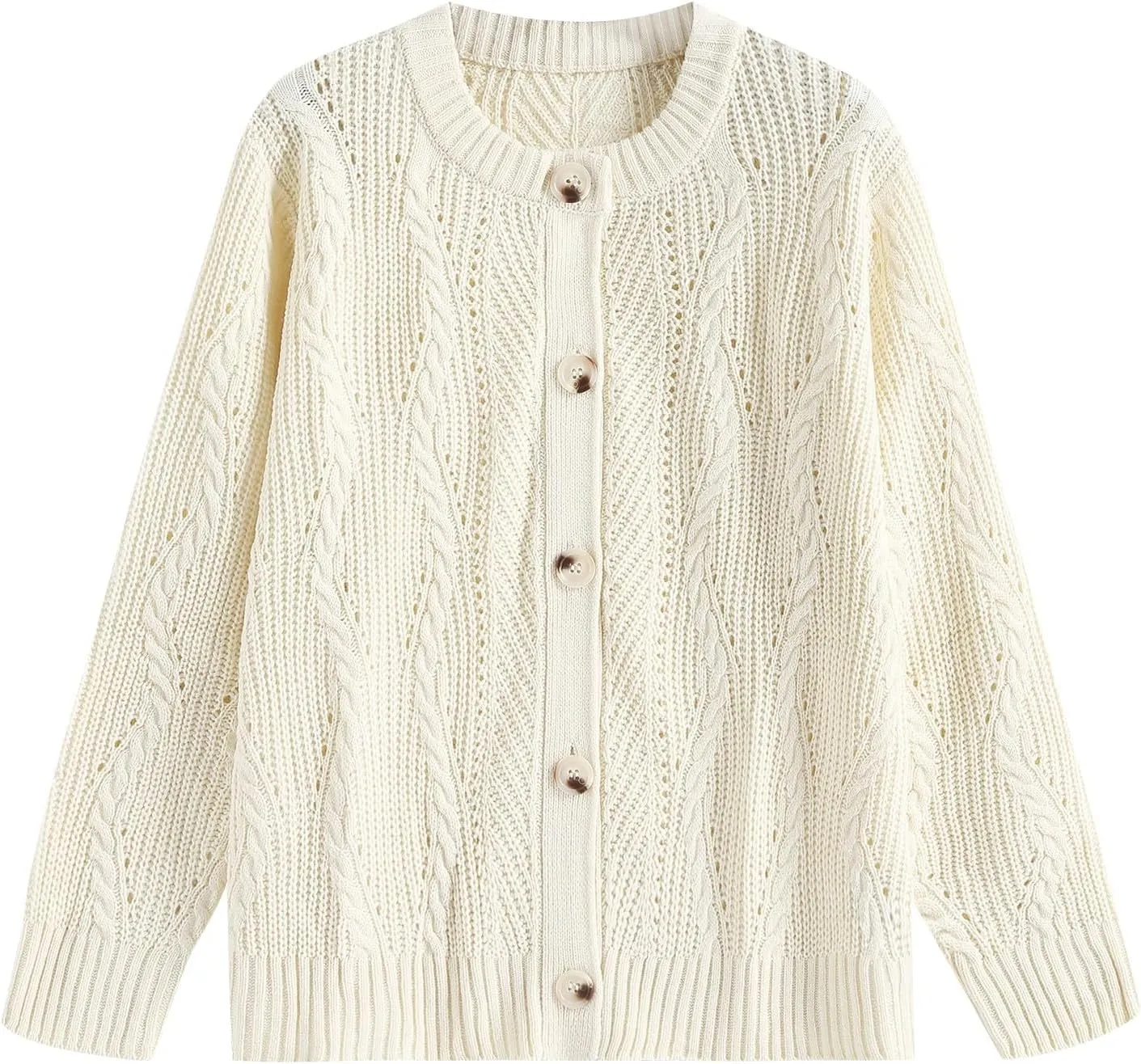 ZAFUL Womens Cable Knit Cardigan Button Down Crew Neck Sweater Loose Long Sleeve Open Front Jacket Outwear