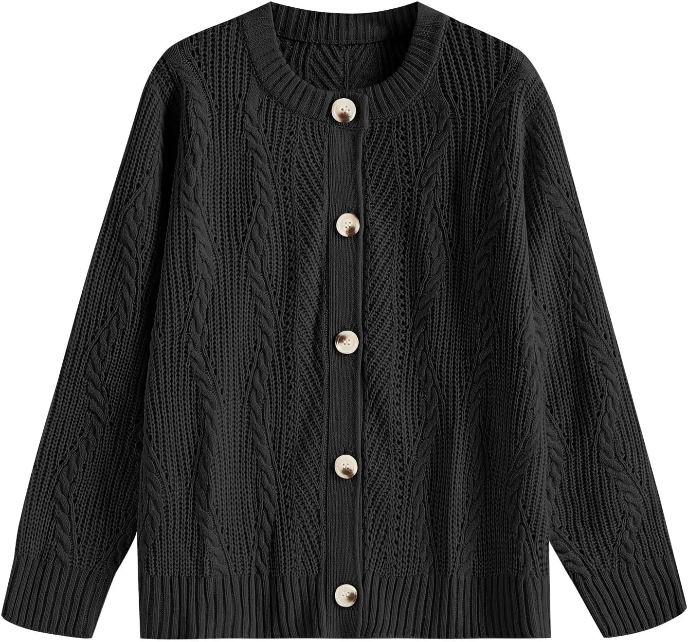 ZAFUL Womens Cable Knit Cardigan Button Down Crew Neck Sweater Loose Long Sleeve Open Front Jacket Outwear