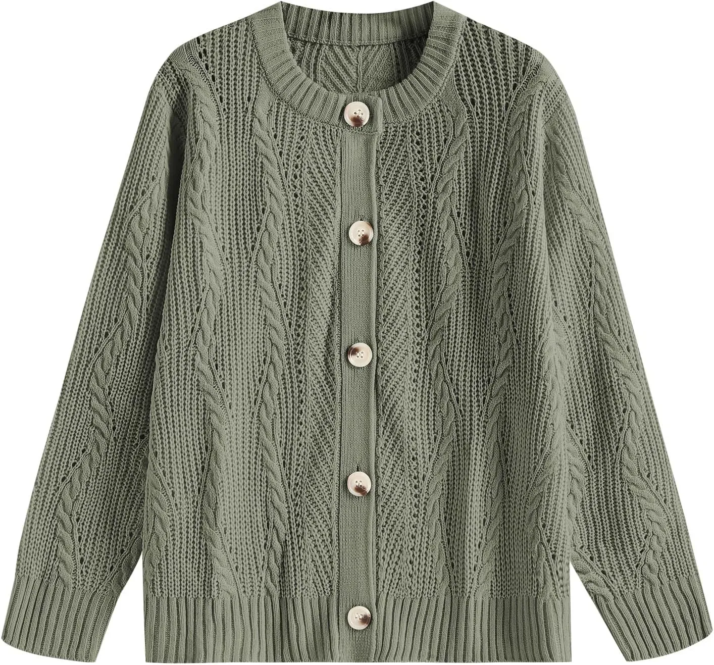 ZAFUL Womens Cable Knit Cardigan Button Down Crew Neck Sweater Loose Long Sleeve Open Front Jacket Outwear