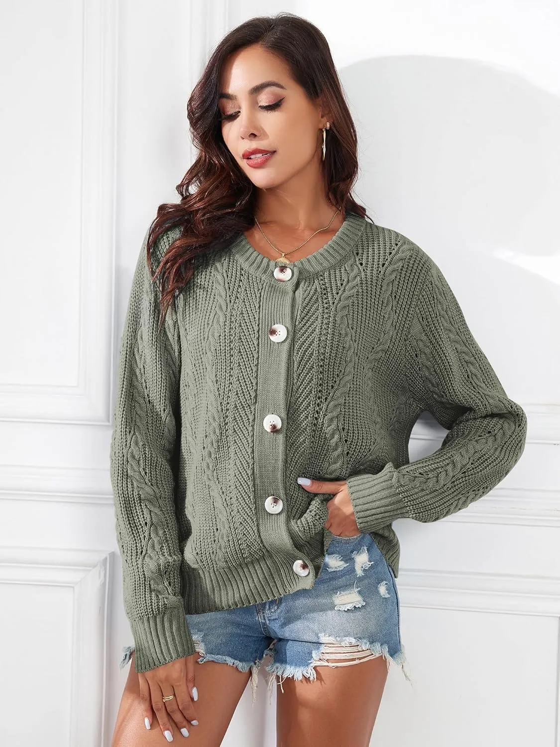 ZAFUL Womens Cable Knit Cardigan Button Down Crew Neck Sweater Loose Long Sleeve Open Front Jacket Outwear