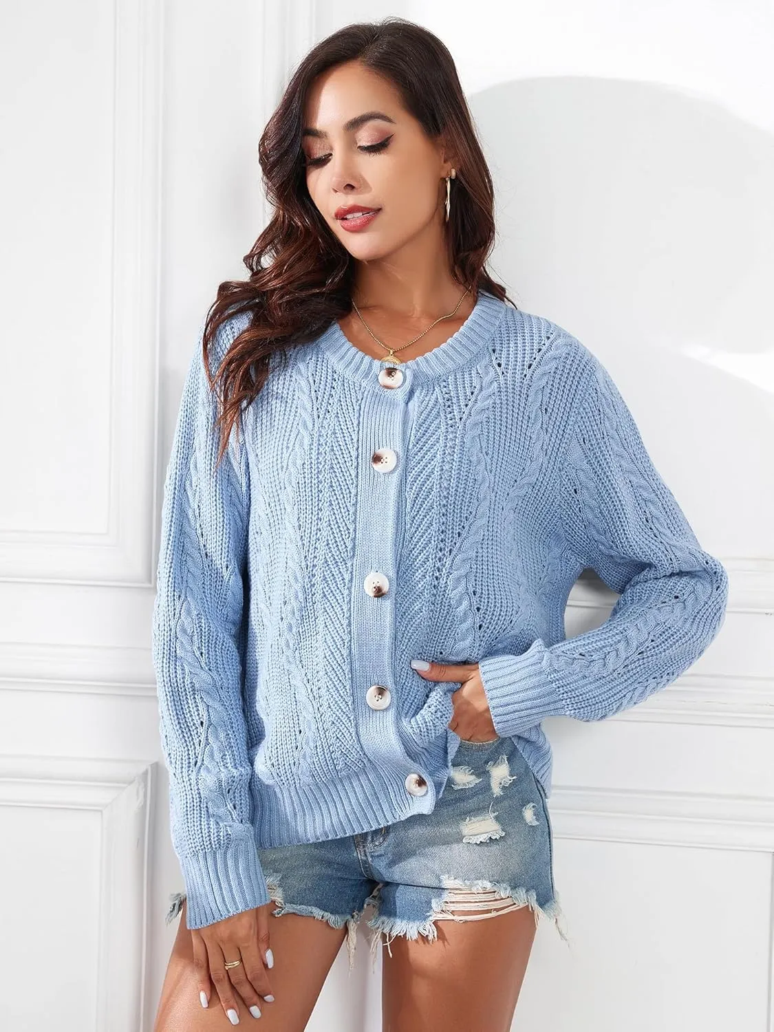 ZAFUL Womens Cable Knit Cardigan Button Down Crew Neck Sweater Loose Long Sleeve Open Front Jacket Outwear