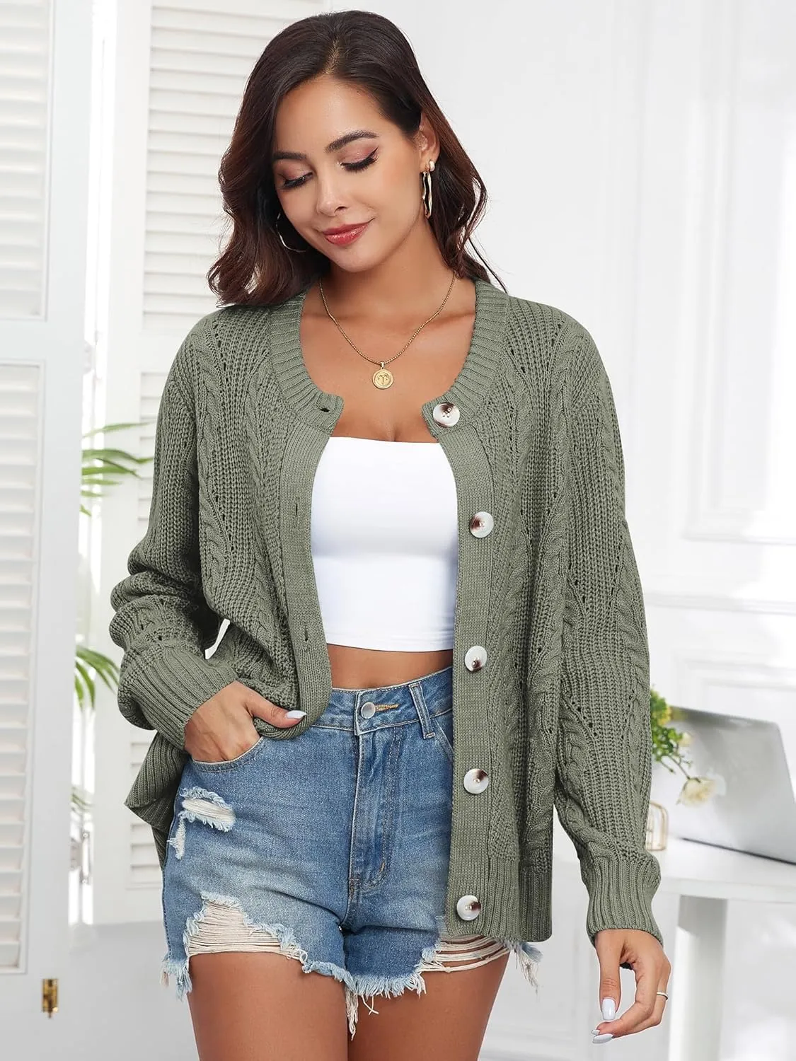 ZAFUL Womens Cable Knit Cardigan Button Down Crew Neck Sweater Loose Long Sleeve Open Front Jacket Outwear