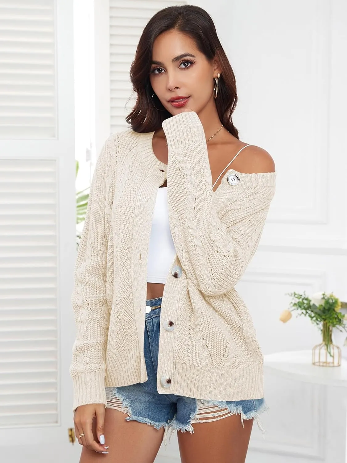 ZAFUL Womens Cable Knit Cardigan Button Down Crew Neck Sweater Loose Long Sleeve Open Front Jacket Outwear