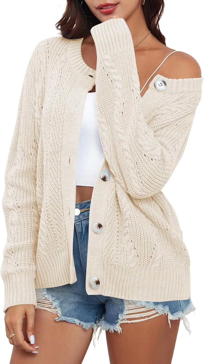 ZAFUL Womens Cable Knit Cardigan Button Down Crew Neck Sweater Loose Long Sleeve Open Front Jacket Outwear