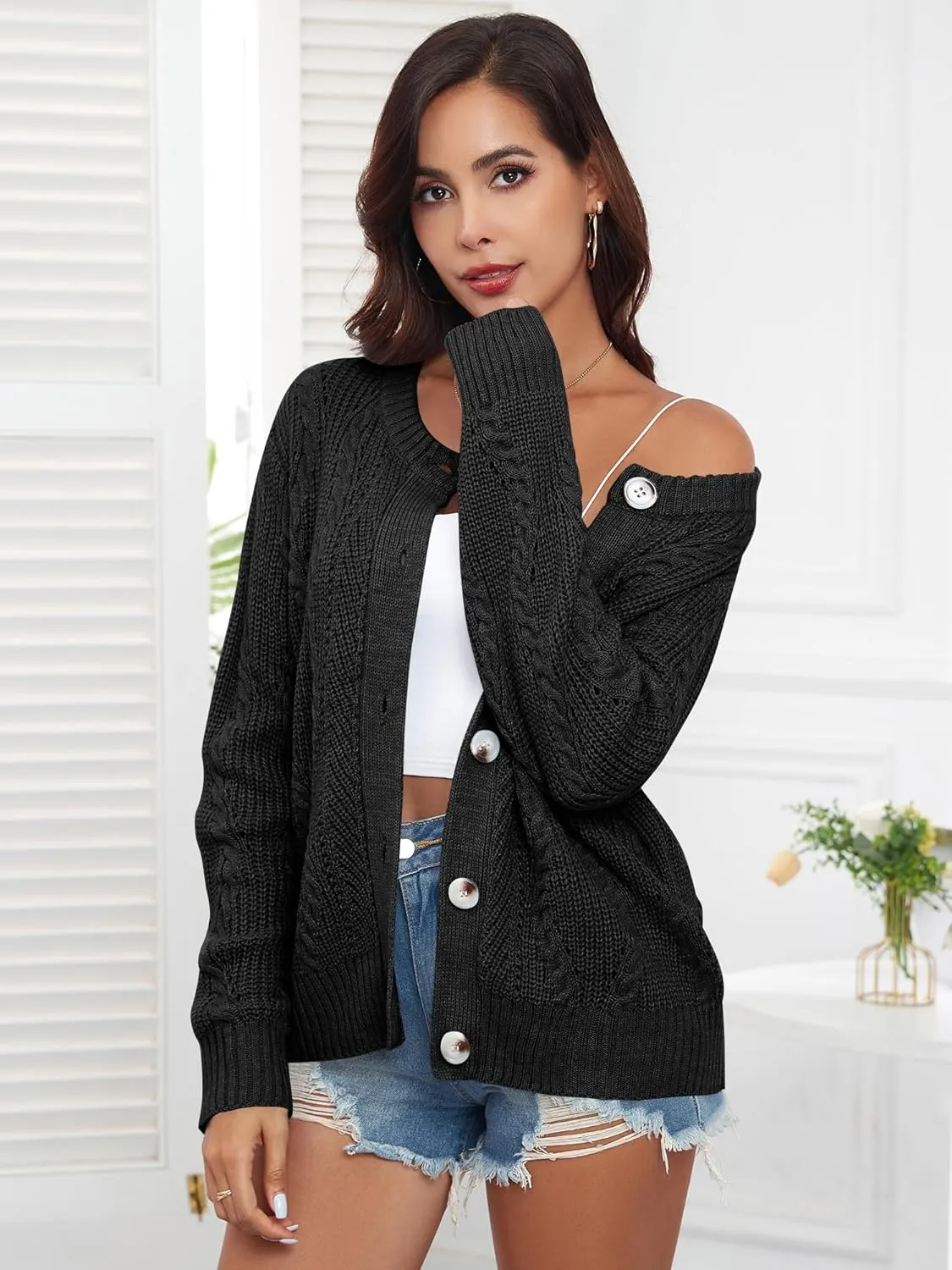 ZAFUL Womens Cable Knit Cardigan Button Down Crew Neck Sweater Loose Long Sleeve Open Front Jacket Outwear