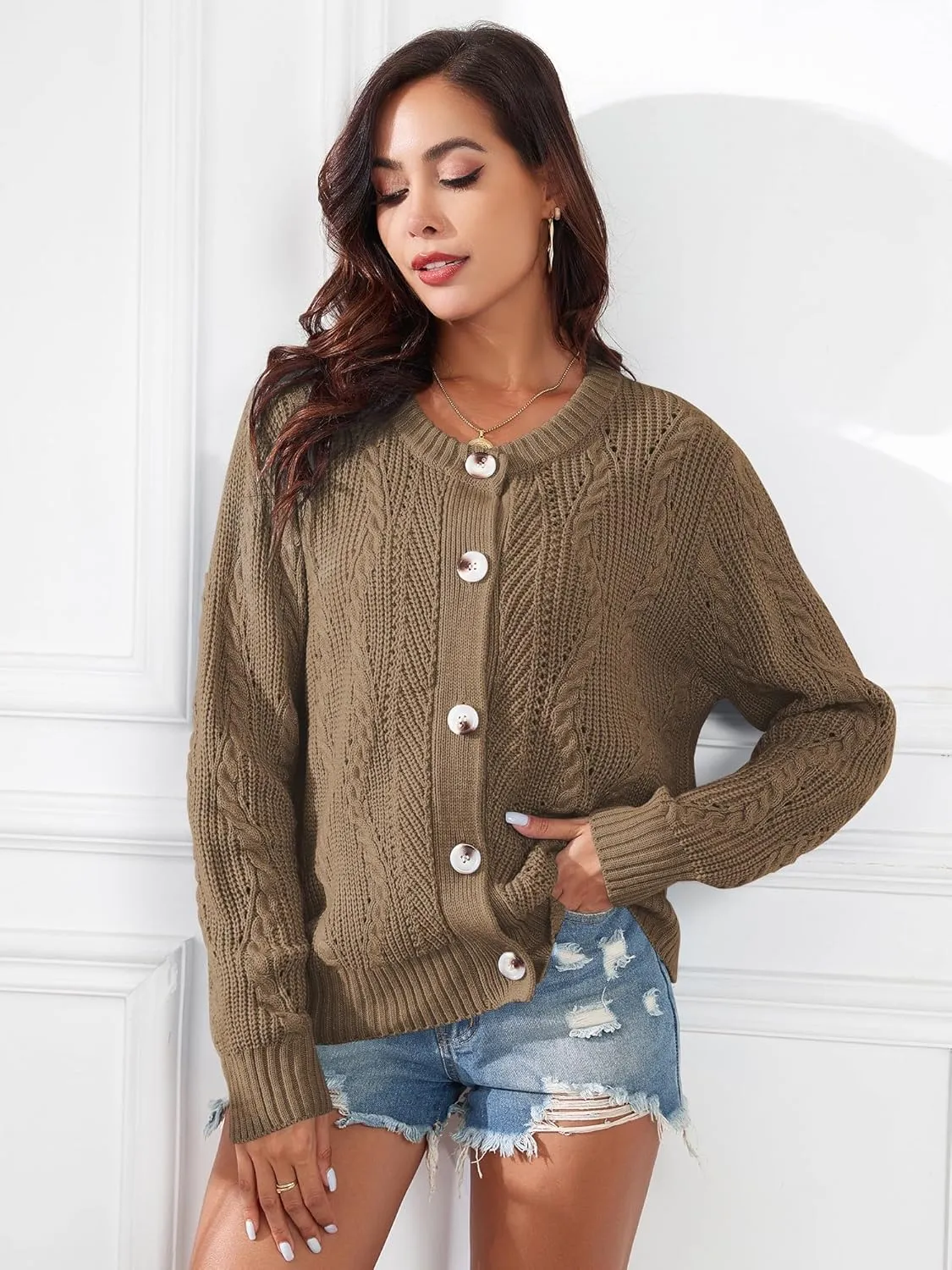 ZAFUL Womens Cable Knit Cardigan Button Down Crew Neck Sweater Loose Long Sleeve Open Front Jacket Outwear