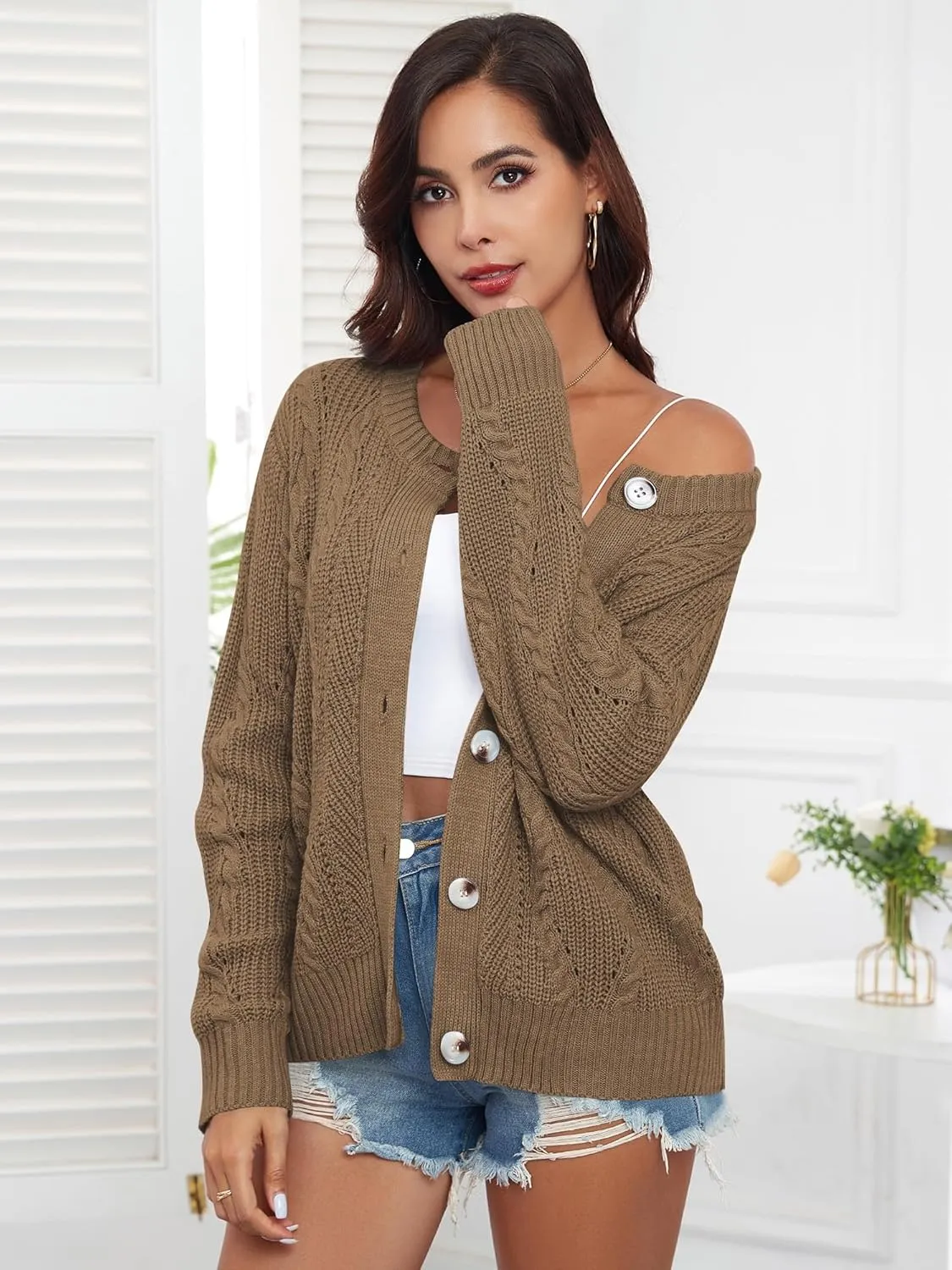 ZAFUL Womens Cable Knit Cardigan Button Down Crew Neck Sweater Loose Long Sleeve Open Front Jacket Outwear
