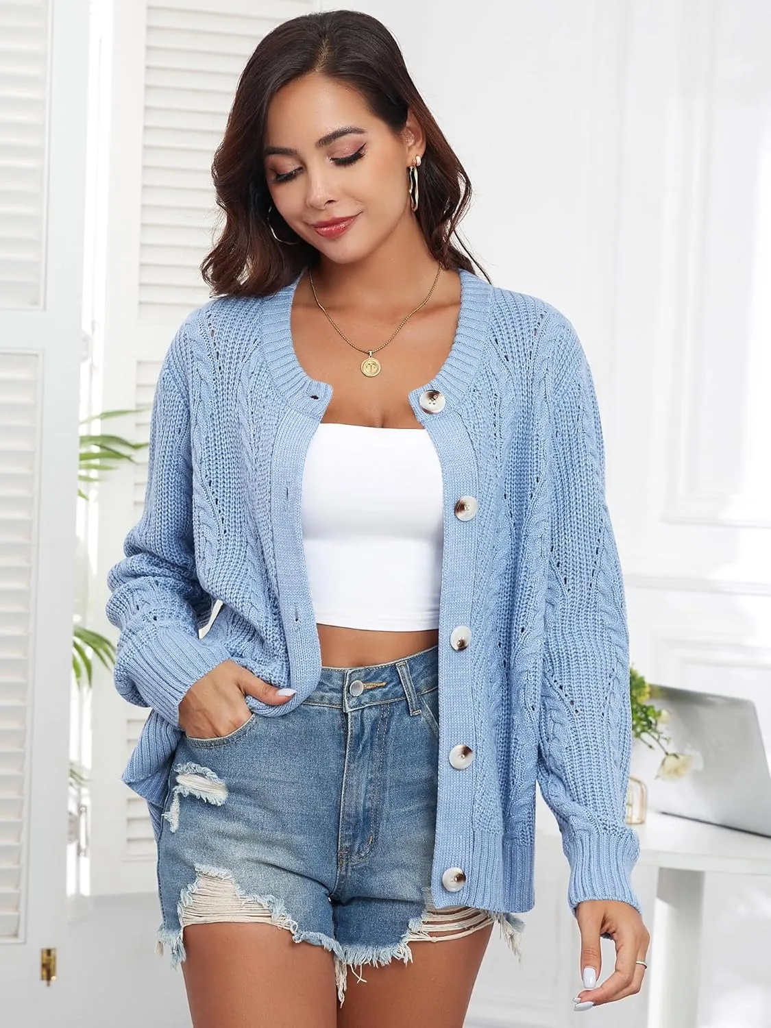 ZAFUL Womens Cable Knit Cardigan Button Down Crew Neck Sweater Loose Long Sleeve Open Front Jacket Outwear