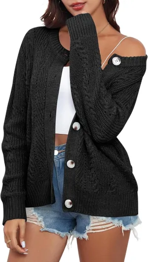 ZAFUL Womens Cable Knit Cardigan Button Down Crew Neck Sweater Loose Long Sleeve Open Front Jacket Outwear