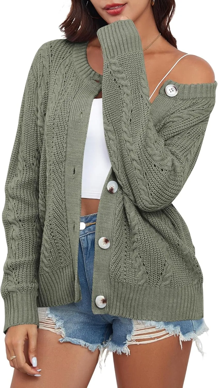ZAFUL Womens Cable Knit Cardigan Button Down Crew Neck Sweater Loose Long Sleeve Open Front Jacket Outwear