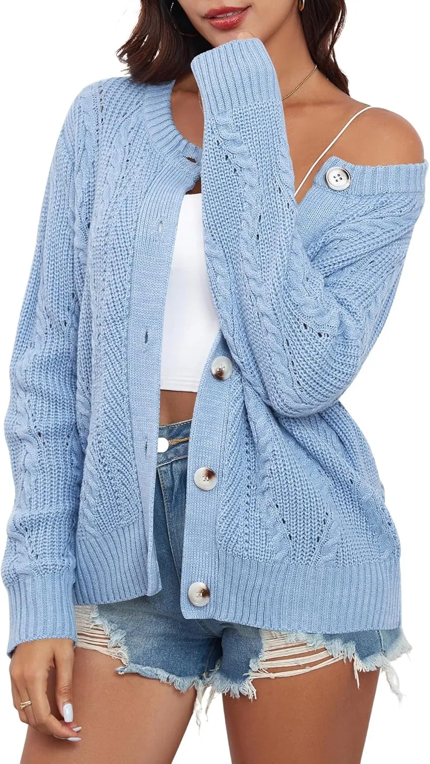 ZAFUL Womens Cable Knit Cardigan Button Down Crew Neck Sweater Loose Long Sleeve Open Front Jacket Outwear