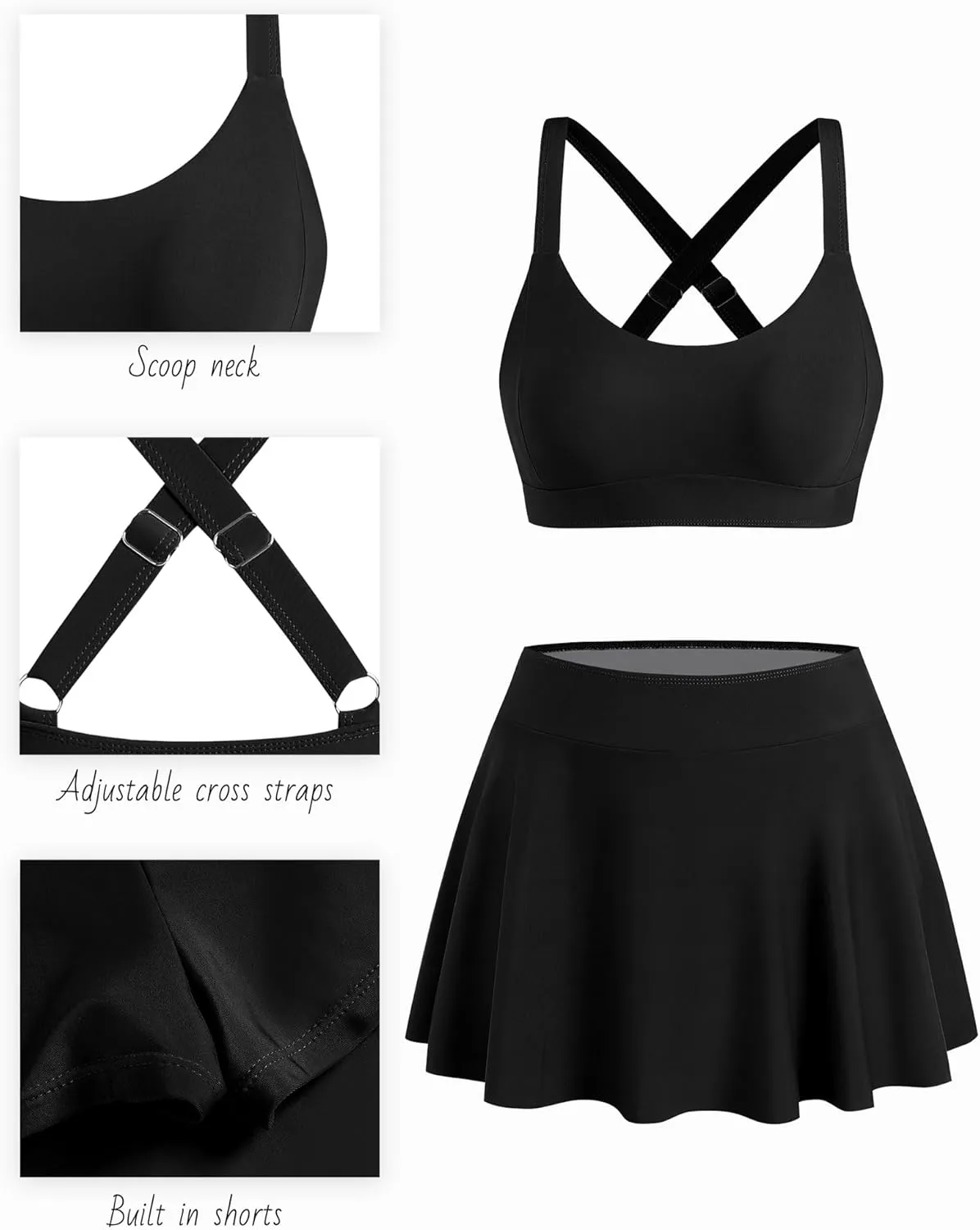 ZAFUL Women's High Waisted Skirt Bikini Sets Sporty 2 Piece Bikini Skirt Set Scoop Neck Bathing Suits with Swim Skirts