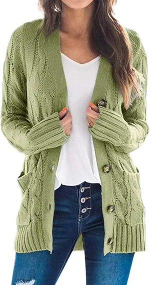 ZESICA Women's Fall Casual Long Sleeve Button Down Open Front Cable Knit Cardigan Sweater Coat
