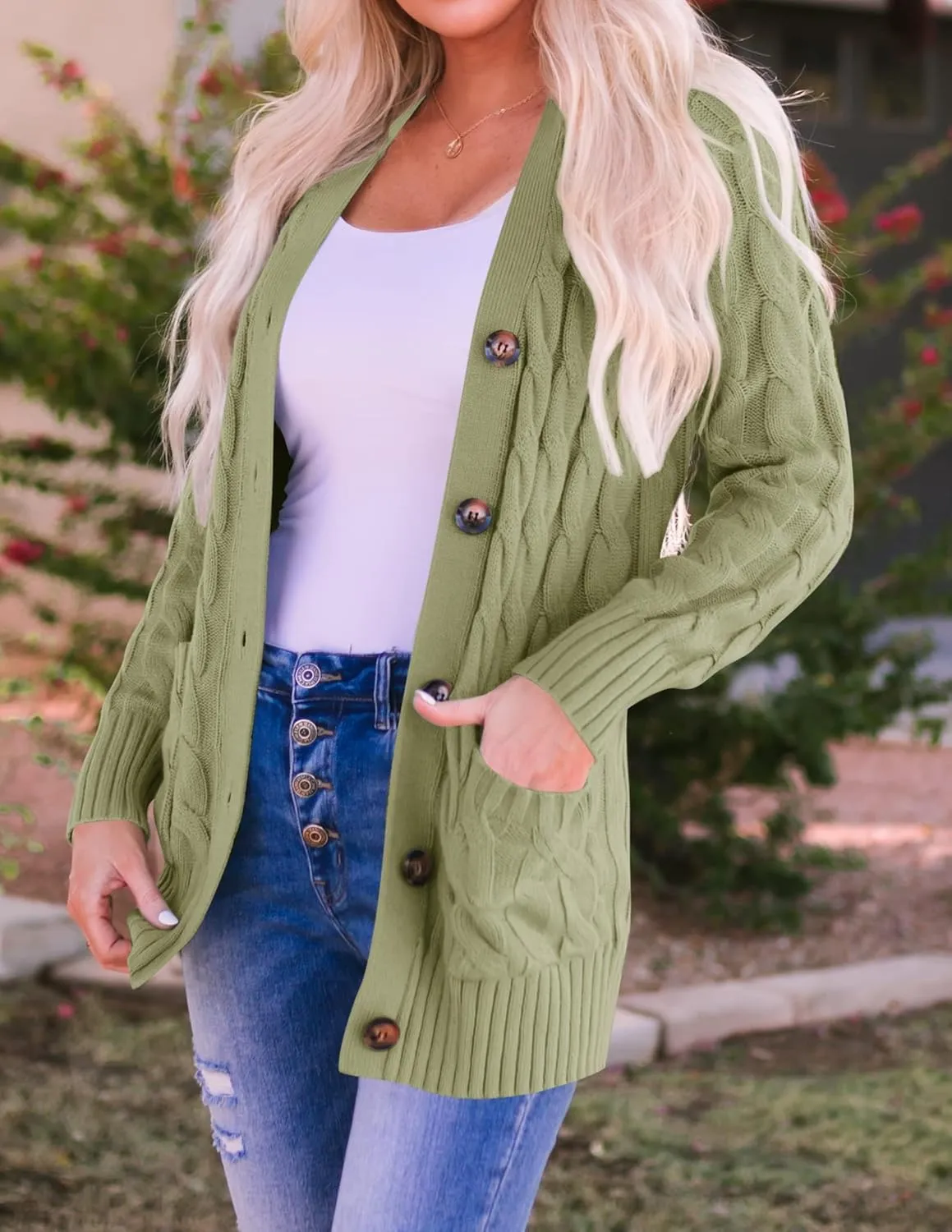 ZESICA Women's Fall Casual Long Sleeve Button Down Open Front Cable Knit Cardigan Sweater Coat