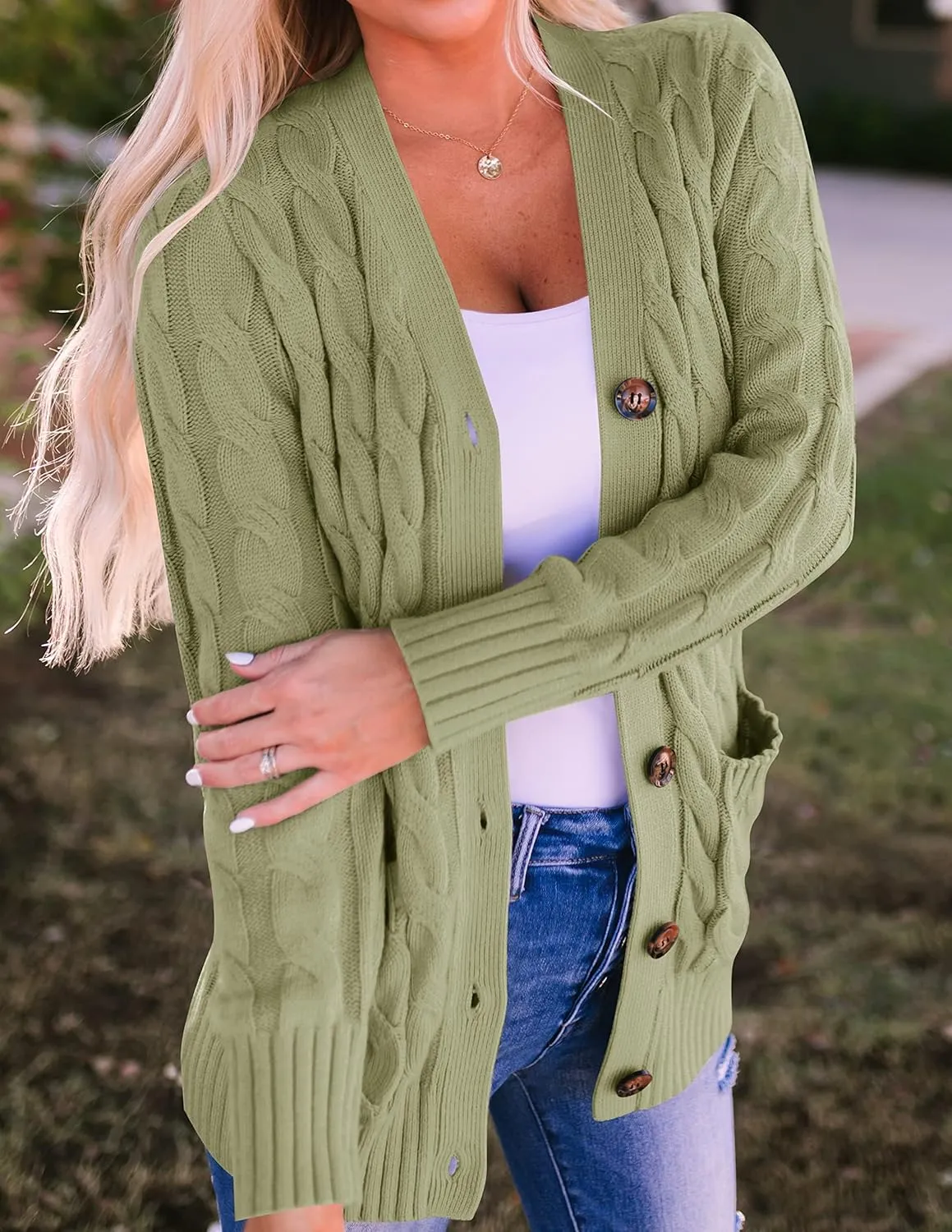 ZESICA Women's Fall Casual Long Sleeve Button Down Open Front Cable Knit Cardigan Sweater Coat
