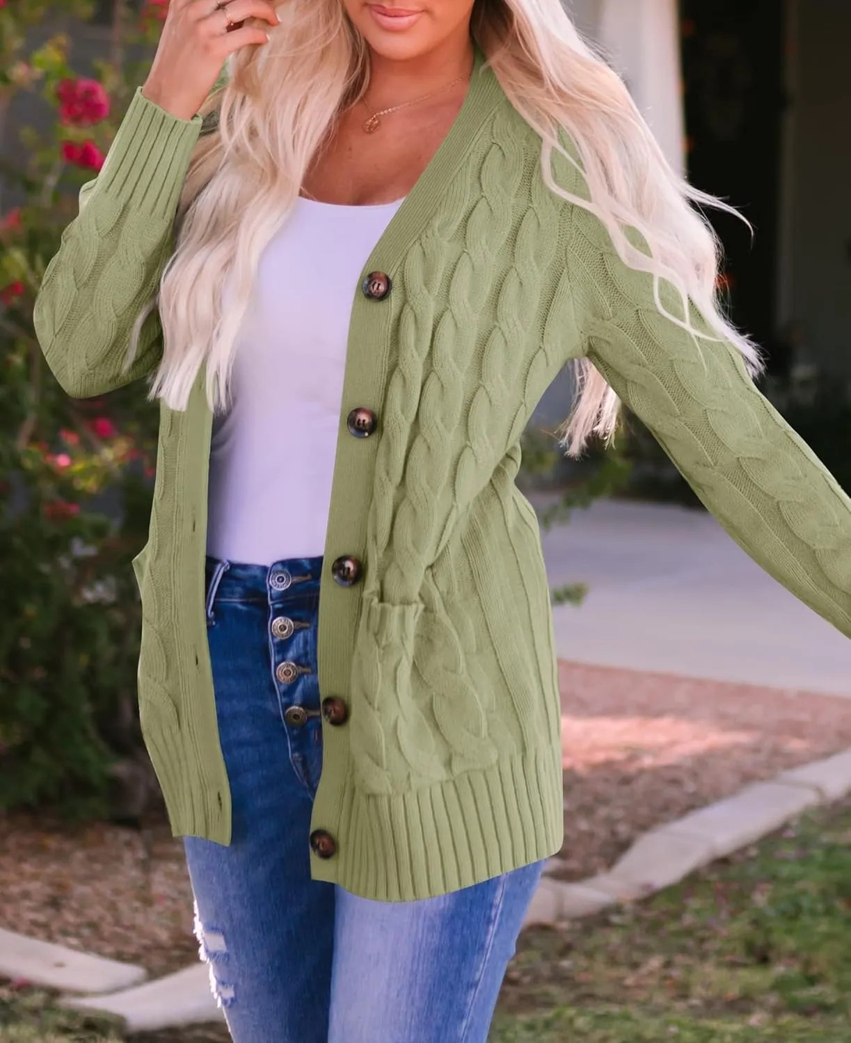 ZESICA Women's Fall Casual Long Sleeve Button Down Open Front Cable Knit Cardigan Sweater Coat