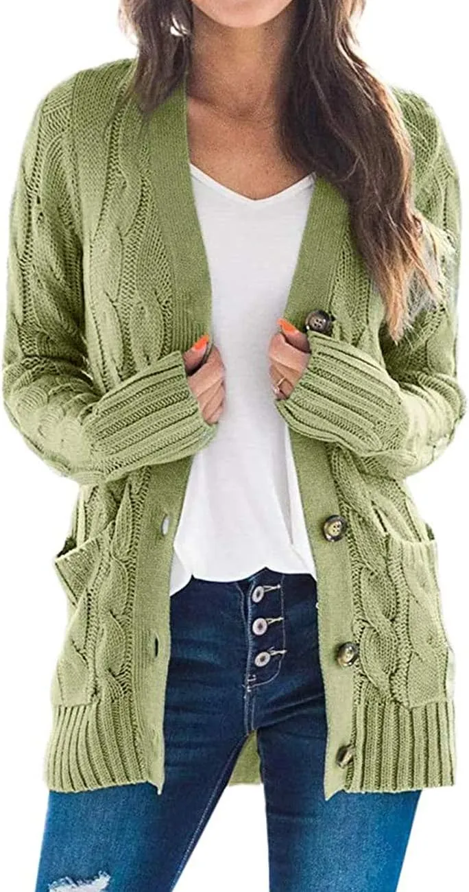 ZESICA Women's Fall Casual Long Sleeve Button Down Open Front Cable Knit Cardigan Sweater Coat