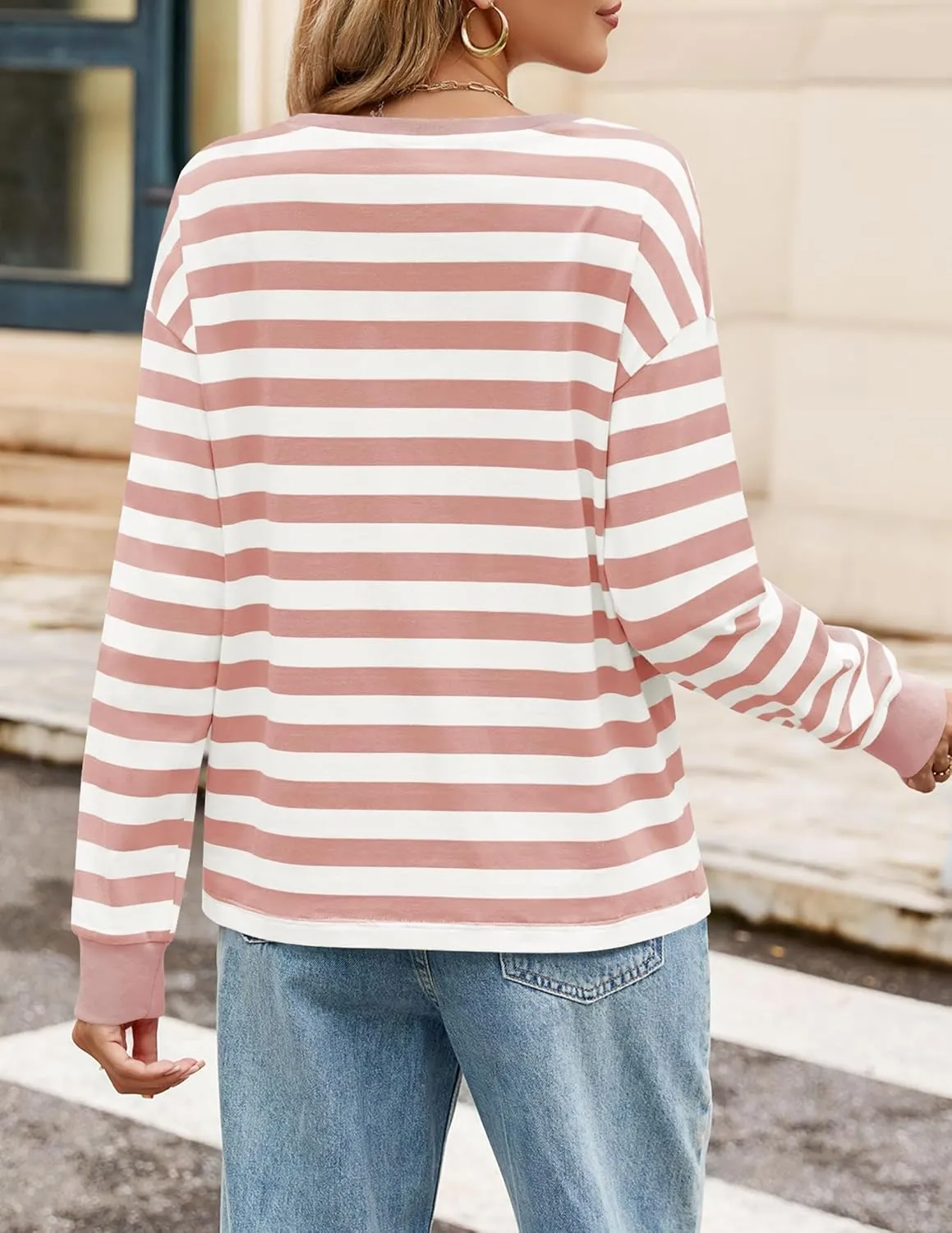 ZESICA Womens Long Sleeve Striped Shirts Fall Crewneck Casual Loose Fit Tunic Tops