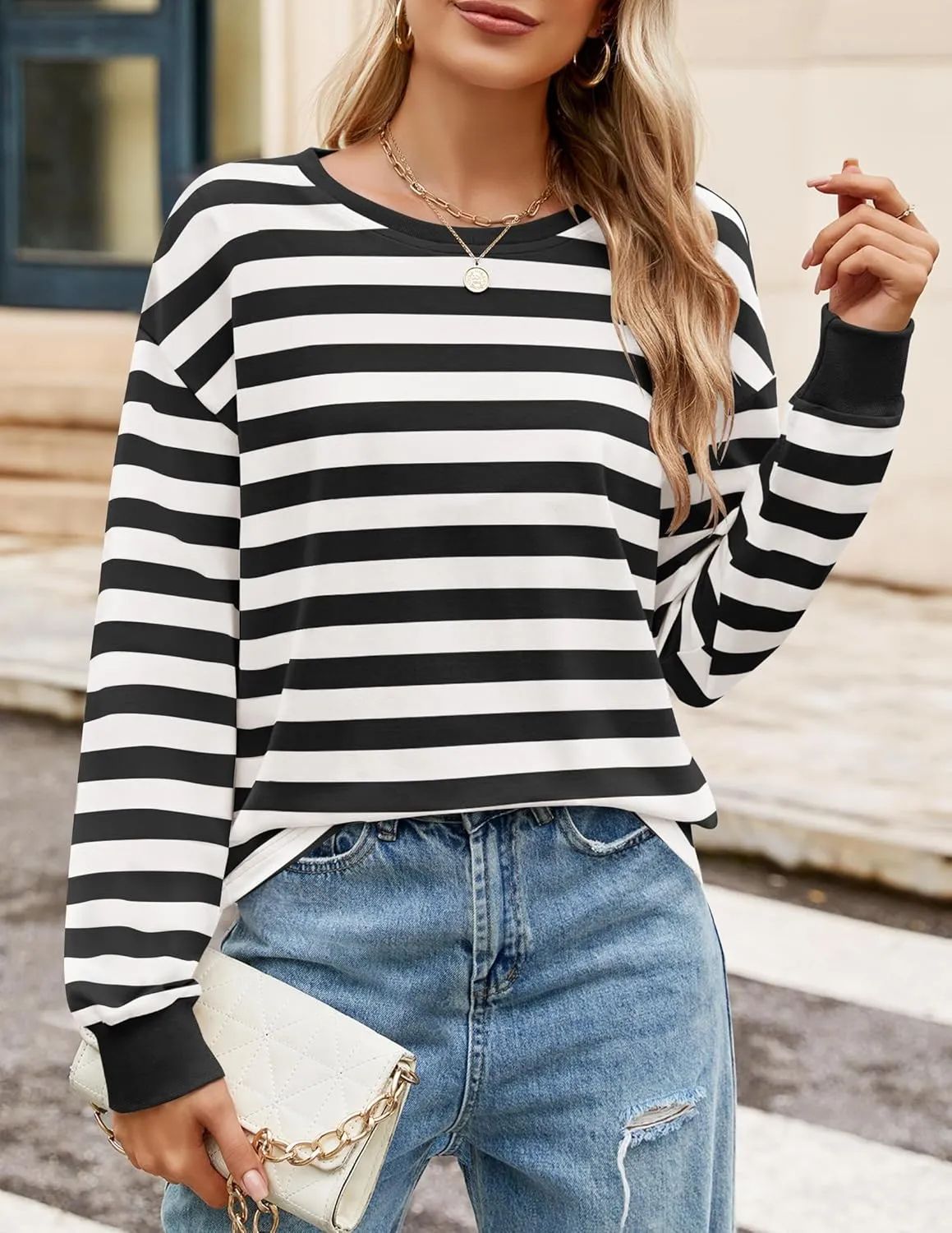 ZESICA Womens Long Sleeve Striped Shirts Fall Crewneck Casual Loose Fit Tunic Tops