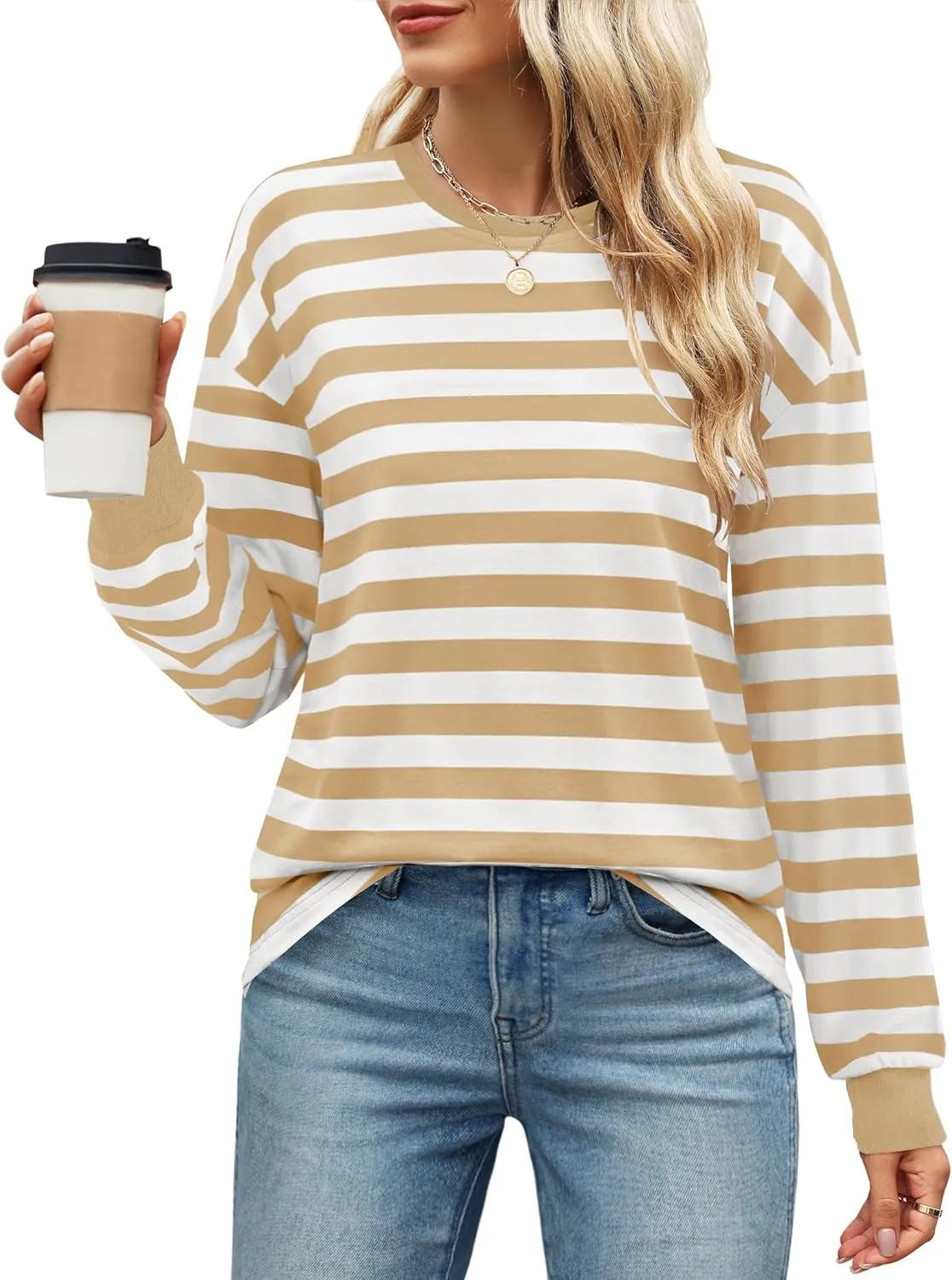 ZESICA Womens Long Sleeve Striped Shirts Fall Crewneck Casual Loose Fit Tunic Tops