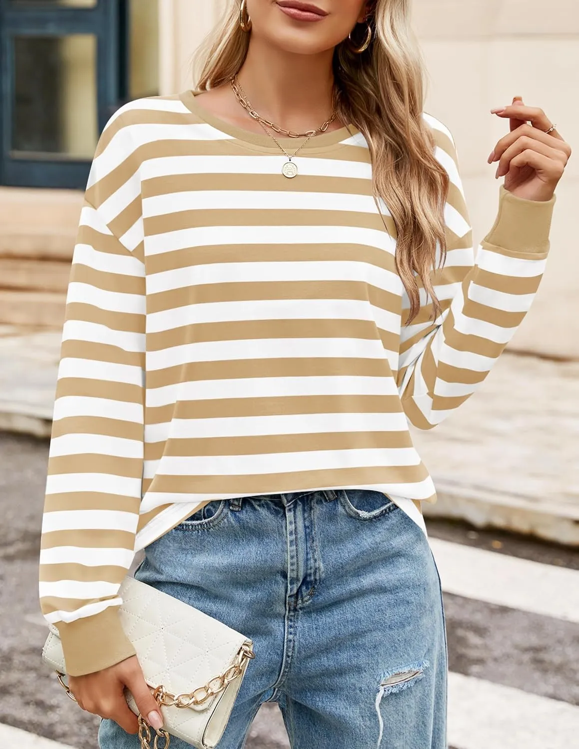 ZESICA Womens Long Sleeve Striped Shirts Fall Crewneck Casual Loose Fit Tunic Tops
