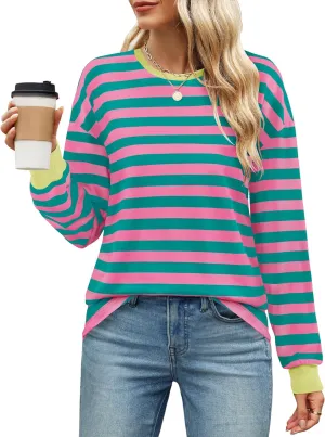 ZESICA Womens Long Sleeve Striped Shirts Fall Crewneck Casual Loose Fit Tunic Tops